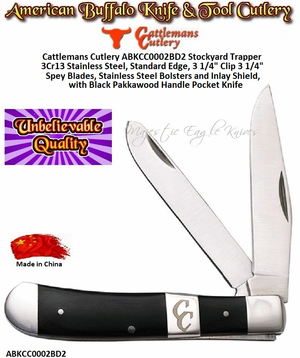Cattlemans Cutlery ABKCC0002BD2 Stockyard Trapper 3Cr13 Stainless Steel, Standard Edge, 3 1/4" Clip 3 1/4" Spey Blades, Stainless Steel Bolsters and Inlay Shield, with Black Pakkawood Handle Pocket Knife Cattlemans Cutlery ABKCC0002BD2 Stockyard Trapper 3Cr13 Stainless Steel, Standard Edge, 3 1/4" Clip 3 1/4" Spey Blades, Stainless Steel Bolsters and Inlay Shield, with Black Pakkawood Handle Pocket Knife