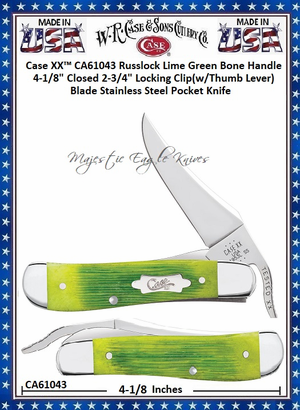 W.R. Case & Sons Cutlery CA61043 Case XX� Russlock Lime Green Bone Handle 4-1/8" Closed 2-3/4" Locking Clip(w/Thumb Lever) Blade Stainless Steel Pocket Knife