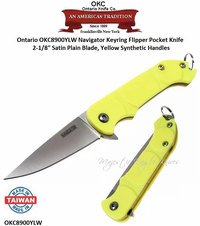 Ontario Knife Company OKC8900YLW Ontario Navigator Key-ring Flipper Knife 2.13" Satin Stainless Steel Plain Blade, Yellow Synthetic Handles   