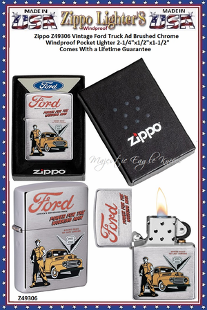 Zippo Windproof Lighter Z49306 Zippo Vintage Ford Truck Ad Brushed Chrome Windproof Pocket Lighter 2-1/4"x1/2"x1-1/2" Comes With a Lifetime Guarantee 