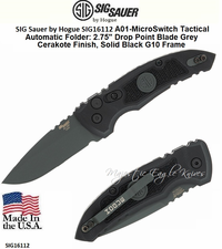 SIG Sauer by Hogue SIG16112 A01-MicroSwitch Tactical Automatic Folder 2.75" Drop Point Blade Grey Cerakote Finish, Solid Black G10 Frame 