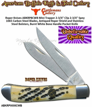 Roper Knives ABKRP8CWB Chaparral Mini Trapper 2-3/4" Clip 2-3/4" Spey 1065 Carbon Steel Blades, Antiqued Roper Shield and Stainless Steel Bolsters, White JIgged Bone Handle Pocket Knife