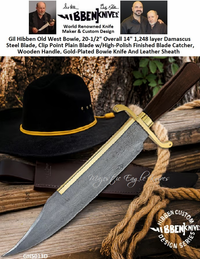 United Cutlery Presents Gil Hibben GH5013D Old West Bowie, 20-1/2" Overall 14" 1,248 layer Damascus Steel Blade, Clip Point Plain Blade w/High-Polish Finished Blade Catcher, Wooden Handle, Gold-Plated Bowie Knife And Leather Sheath United Cutlery Presents Gil Hibben GH5013D Old West Bowie, 20-1/2" Overall 14" 1,248 layer Damascus Steel Blade, Clip Point Plain Blade w/High-Polish Finished Blade Catcher, Wooden Handle, Gold-Plated Bowie Knife And Leather Sheath