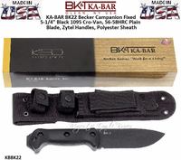KA-BAR BK22 Becker Campanion Fixed 5-1/4" Black 1095 Cro-Van, 56-58HRC Plain Blade, Zytel Handles, Polyester Sheath KA-BAR BK22 Becker Campanion Fixed 5-1/4" Black 1095 Cro-Van, 56-58HRC Plain Blade, Zytel Handles, Polyester Sheath