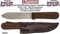 KA-BAR BK62 Becker Kephart Fixed Blade Knife 5.125" 1095 Stonewashed Spear Point, Walnut Wood Handles, Leather Sheath KA-BAR BK62 Becker Kephart Fixed Blade Knife 5.125" 1095 Stonewashed Spear Point, Walnut Wood Handles, Leather Sheath