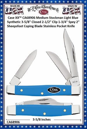 W.R. Case & Sons Cutlery Case XX� CA68906 Case XX� Medium Stockman Light Blue Synthetic 3-5/8" Closed 2-1/2" Clip 1-3/4" Spey 2" Sheepsfoot Coping Blade Stainless Pocket Knife 