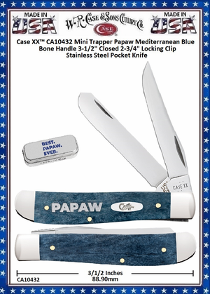 Case XX� W.R. Case & Sons Cutlery CA10432 CASE XX Mini Trapper Papaw Mediterranean Blue Bone Handle 3-1/2" Closed 2-3/4" Locking Clip Stainless Steel Pocket Knife