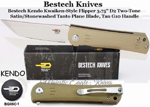 Bestech Knives BG06C-1 Bestech Kendo Kwaiken-Style Flipper 3.75" D2 Two-Tone Satin/Stonewashed Tanto Blade, Tan G10 Handle Knife