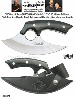 United Cutlery Presents Gil/Wes Hibben GH5074 Ulu Knife 6-1/2 5Cr15 Mirror Polished Stainless Steel Blade, Black Pakkawood Handles, Black Leather Sheath United Cutlery Presents Gil/Wes Hibben GH5074 Ulu Knife 6-1/2 5Cr15 Mirror Polished Stainless Steel Blade, Black Pakkawood Handles, Black Leather Sheath