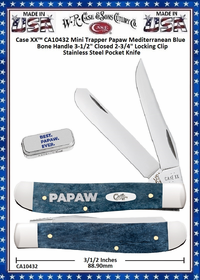 Case XX™ W.R. Case & Sons Cutlery CA10432 CASE XX Mini Trapper Papaw Mediterranean Blue Bone Handle 3-1/2" Closed 2-3/4" Locking Clip Stainless Steel Pocket Knife Case XX™ W.R. Case & Sons Cutlery CA10432 CASE XX Mini Trapper Papaw Mediterranean Blue Bone Handle 3-1/2" Closed 2-3/4" Locking Clip Stainless Steel Pocket Knife