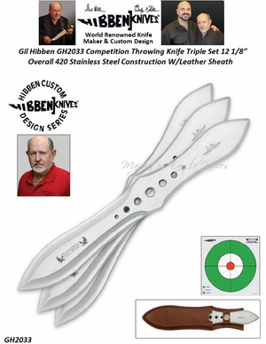 Gil Hibben GH2033 Competition Throwing Knife Triple Set 12 1/8” Overall 420 Stainless Steel Construction W/Leather Sheath Gil Hibben GH2033 Competition Throwing Knife Triple Set 12 1/8” Overall 420 Stainless Steel Construction W/Leather Sheath