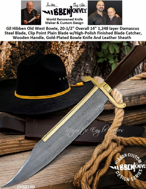 United Cutlery Presents Gil Hibben GH5013D Old West Bowie, 20-1/2" Overall 14" 1,248 layer Damascus Steel Blade, Clip Point Plain Blade w/High-Polish Finished Blade Catcher, Wooden Handle, Gold-Plated Bowie Knife And Leather Sheath United Cutlery Presents Gil Hibben GH5013D Old West Bowie, 20-1/2" Overall 14" 1,248 layer Damascus Steel Blade, Clip Point Plain Blade w/High-Polish Finished Blade Catcher, Wooden Handle, Gold-Plated Bowie Knife And Leather Sheath