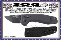 SOG� Knives SOG15-38-14-57 TAC AU Compact California Special AUTO Folding Pocket Knife 4-1/16 Closed 2-15/16" D2 Tool Steel Black Tanto Plain Blade, Black Aluminum Handles XR Lock 
