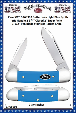 W.R. Case & Sons Cutlery CA68903 Case XX� Butterbean Light Blue Synthetic Handle 2-3/4" Closed 2" Spear Point 1-1/2" Pen Blade Stainless Pocket Knife 