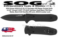 SOG Knives SOG12-61-01-57 Pentagon XR Flipper Pocket Knife 4-3/4" Closed 3-5/8" CTS-XHP Stainless Steel Black TiNi Plain Blade, Black G10 Handles XR Lock, AXIS/Crossbar Lock 