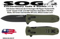 SOG Knives SOG12-61-02-57 Pentagon XR Flipper Pocket Knife 4-3/4" Closed 3-5/8" CTS-XHP Stainless Steel Black TiNi Plain Blade, OD Green G10 Handles XR Lock, AXIS/Crossbar Lock 