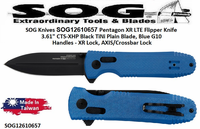 SOG Knives SOG Knives SOG12-61-06-57 Pentagon XR LTE Flipper Knife 3.61" CTS-XHP Black TiNi Plain Blade, Blue G10 Handles - XR Lock, AXIS/Crossbar Lock