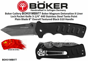 Boker Cutlery BOK01MB977 Boker Magnum Detonation II Liner Lock Pocket Knife 3-1/4" 440 Stainless Steel Tanto Point Plain Blade 8" Overall Textured Black G10 Handle
