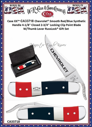 W.R. Case & Sons Cutlery CA33718 Case XX� Chevrolet� Smooth Red/Blue Synthetic Handle 4-1/8" Closed 2-3/4" Locking Clip Point Blade W/Thumb Lever RussLock� Gift Set