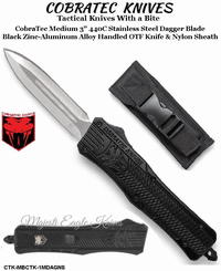 COBRA TEC Knives CTK-MBCTK-1MDAGNS CobraTec Medium 3" 440C Stainless Steel Dagger Blade Black Zinc-Aluminum Alloy Handled OTF Knife & Nylon Sheath