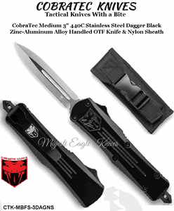 COBRA TEC Knives CTK-MBFS-3DAGNS CobraTec Medium 3" 440C Stainless Steel Dagger Black Zinc-Aluminum Alloy Handled OTF Knife & Nylon Sheath