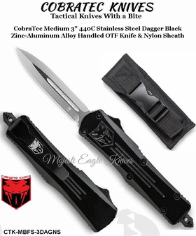 COBRA TEC Knives CTK-MBFS-3DAGNS CobraTec Medium 3" 440C Stainless Steel Dagger Black Zinc-Aluminum Alloy Handled OTF Knife & Nylon Sheath