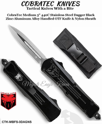 COBRA TEC Knives CTK-MBFS-3DAGNS CobraTec Medium 3" 440C Stainless Steel Dagger Black Zinc-Aluminum Alloy Handled OTF Knife & Nylon Sheath