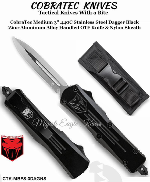 COBRA TEC Knives CTK-MBFS-3DAGNS CobraTec Medium 3" 440C Stainless Steel Dagger Black Zinc-Aluminum Alloy Handled OTF Knife & Nylon Sheath COBRA TEC Knives CTK-MBFS-3DAGNS CobraTec Medium 3" 440C Stainless Steel Dagger Black Zinc-Aluminum Alloy Handled OTF Knife & Nylon Sheath