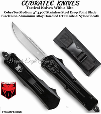 COBRA TEC Knives CTK-MBFS-3DNS CobraTec Medium 3" 440C Stainless Steel Drop Point Blade Black Zinc-Aluminum Alloy Handled OTF Knife & Nylon Sheath