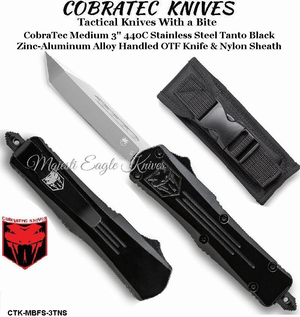 COBRA TEC Knives CTK-MBFS-3TNS CobraTec Medium 3" 440C Stainless Steel Drop Tanto Black Zinc-Aluminum Alloy Handled OTF Knife & Nylon Sheath COBRA TEC Knives CTK-MBFS-3TNS CobraTec Medium 3" 440C Stainless Steel Drop Tanto Black Zinc-Aluminum Alloy Handled OTF Knife & Nylon Sheath