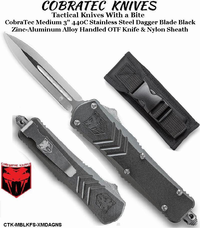 COBRA TEC Knives CTK-MBLKFS-XMDAGNS CobraTec Medium 3" 440C Stainless Steel Dagger Blade Black Zinc-Aluminum Alloy Handled OTF Knife & Nylon Sheath