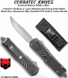 COBRA TEC Knives CTK-MBLKFS-XMDNS CobraTec Medium 3" 440C Stainless Steel Drop Point Blade Black Zinc-Aluminum Alloy Handled OTF Knife & Nylon Sheath