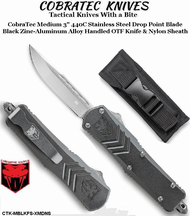 COBRA TEC Knives CTK-MBLKFS-XMDNS CobraTec Medium 3" 440C Stainless Steel Drop Point Blade Black Zinc-Aluminum Alloy Handled OTF Knife & Nylon Sheath