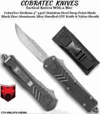 COBRA TEC Knives CTK-MBLKFS-XMDNS CobraTec Medium 3" 440C Stainless Steel Drop Point Blade Black Zinc-Aluminum Alloy Handled OTF Knife & Nylon Sheath