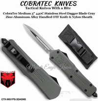 COBRA TEC Knives CTK-MGYFS-3DAGNS CobraTec Medium 3" 440C Stainless Steel Dagger Blade Gray Zinc-Aluminum Alloy Handled OTF Knife & Nylon Sheath