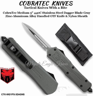 COBRA TEC Knives CTK-MGYFS-3DAGNS CobraTec Medium 3" 440C Stainless Steel Dagger Blade Gray Zinc-Aluminum Alloy Handled OTF Knife & Nylon Sheath COBRA TEC Knives CTK-MGYFS-3DAGNS CobraTec Medium 3" 440C Stainless Steel Dagger Blade Gray Zinc-Aluminum Alloy Handled OTF Knife & Nylon Sheath
