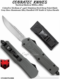 COBRA TEC Knives CTK-MGYFS-3DNS CobraTec Medium 3" 440C Stainless Steel Drop Point Blade Gray Zinc-Aluminum Alloy Handled OTF Knife & Nylon Sheath