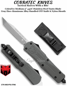 COBRA TEC Knives CTK-MGYFS-3TNS CobraTec Medium 3" 440C Stainless Steel Tanto Blade Gray Zinc-Aluminum Alloy Handled OTF Knife & Nylon Sheath