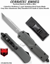 COBRA TEC Knives CTK-MGYFS-3TNS CobraTec Medium 3" 440C Stainless Steel Tanto Blade Gray Zinc-Aluminum Alloy Handled OTF Knife & Nylon Sheath