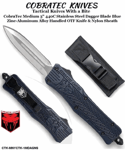 COBRA TEC Knives CTK-MNYCTK-1MDAGNS CobraTec Medium 3" 440C Stainless Steel Dagger Blade Blue Zinc-Aluminum Alloy Handled OTF Knife & Nylon Sheath