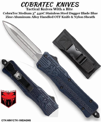 COBRA TEC Knives CTK-MNYCTK-1MDAGNS CobraTec Medium 3" 440C Stainless Steel Dagger Blade Blue Zinc-Aluminum Alloy Handled OTF Knife & Nylon Sheath