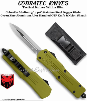 COBRA TEC Knives CTK-MODFS-3DAGNS CobraTec Medium 3" 440C Stainless Steel Dagger Blade Green Zinc-Aluminum Alloy Handled OTF Knife & Nylon Sheath COBRA TEC Knives CTK-MODFS-3DAGNS CobraTec Medium 3" 440C Stainless Steel Dagger Blade Green Zinc-Aluminum Alloy Handled OTF Knife & Nylon Sheath
