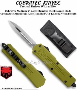 COBRA TEC Knives CTK-MODFS-3DAGNS CobraTec Medium 3" 440C Stainless Steel Dagger Blade Green Zinc-Aluminum Alloy Handled OTF Knife & Nylon Sheath