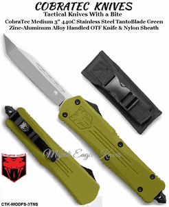 COBRA TEC Knives CTK-MODFS-3TNS CobraTec Medium 3" 440C Stainless Steel TantoBlade Green Zinc-Aluminum Alloy Handled OTF Knife & Nylon Sheath
