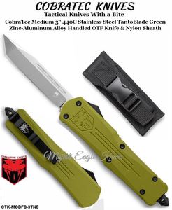 COBRA TEC Knives CTK-MODFS-3TNS CobraTec Medium 3" 440C Stainless Steel TantoBlade Green Zinc-Aluminum Alloy Handled OTF Knife & Nylon Sheath
