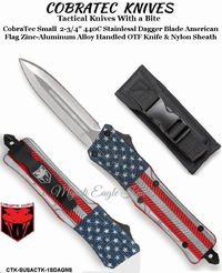 COBRA TEC Knives CTK-SUSACTK-1SDAGNS CobraTec Small 2-3/4" 440C Stainless Steel Dagger Blade American Flag Zinc-Aluminum Alloy Handled OTF Knife & Nylon Sheath