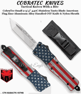COBRA TEC Knives CTK-SUSACTK-1STNS CobraTec Small 2-3/4" 440C Stainless Steel Tanto Blade American Flag Zinc-Aluminum Alloy Handled OTF Knife & Nylon Sheath
