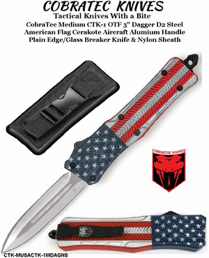 CobraTec Knives CTK-MUSACTK-1MDAGNS CobraTec Medium CTK-1 OTF--3" Dagger D2 Steel American Flag Cerakote Aircraft Alumium Handle Plain Edge/Glass Breaker Knife & Nylon Sheath