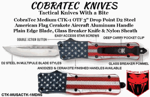CobraTec Knives CTK-MUSACTK-1MDNS CobraTec Medium CTK-1 OTF--3" Drop-Point /D2 Steel American Flag Cerakote Aircraft Aluminum Handle Plain Edge Blade, Glass Breaker Knife & Nylon Sheath