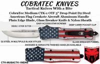 CobraTec Knives CTK-MUSACTK-1MDNS CobraTec Medium CTK-1 OTF--3" Drop-Point /D2 Steel American Flag Cerakote Aircraft Aluminum Handle Plain Edge Blade, Glass Breaker Knife & Nylon Sheath